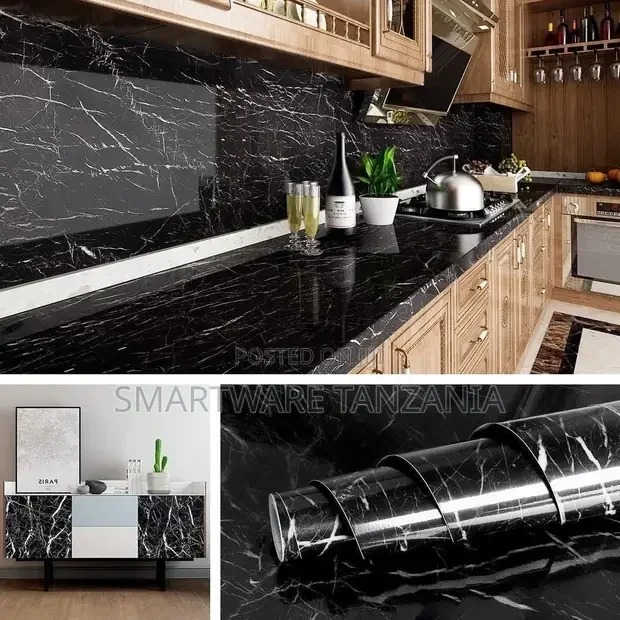 Black Marble Sticker for Kitchen Countertop Waterproof Black