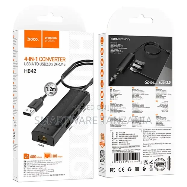 Hoco HB42 USB-A to USB2.0 RJ45 Ethernet Hub - Buy in Dar es Salaam, Tanzania | Smartware