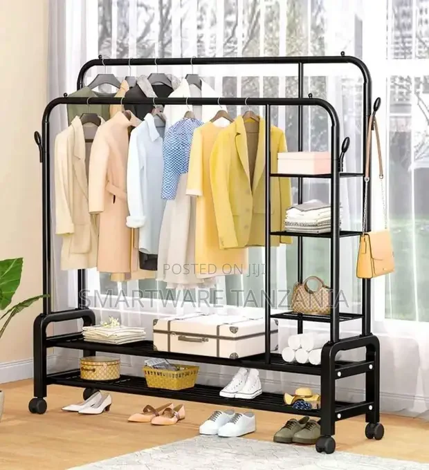 Movable Bedroom Standing Clothes Rack Furniture Metal Style
