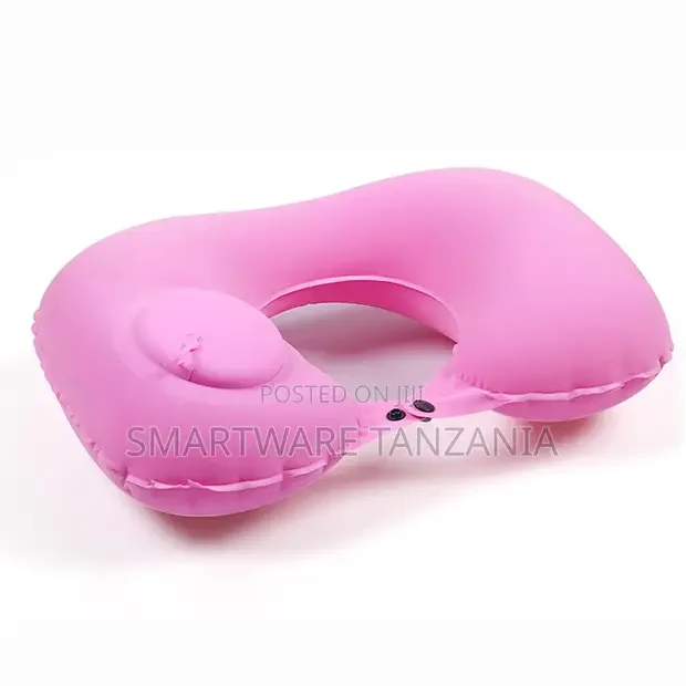 Pink Inflatable U-Neck Travel Pillow With Press Pump