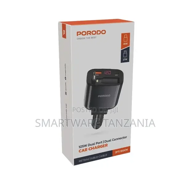 Porodo 105W Car Charger With Cable And Digital Display - Buy in Dar es Salaam, Tanzania | Smartware