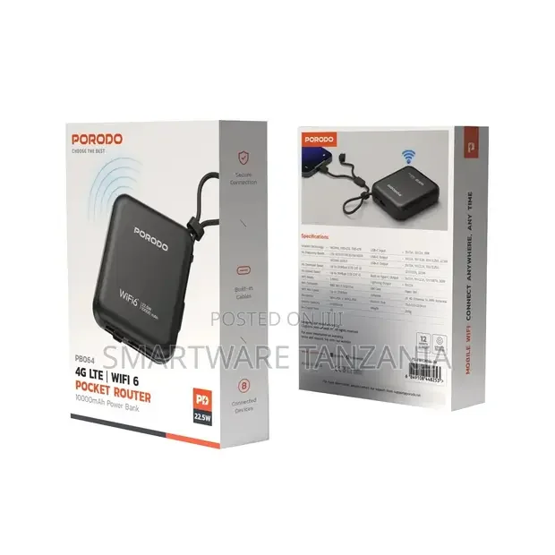 Porodo 4g Lte  Wifi 6 Pocket Router - Black