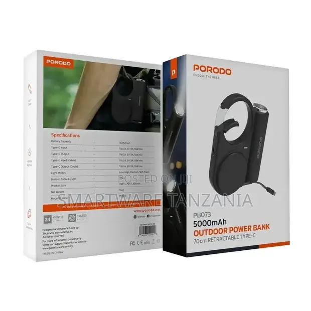 Porodo 5000mah Outdoor Power Bank 70 Cm Retractable Type-C