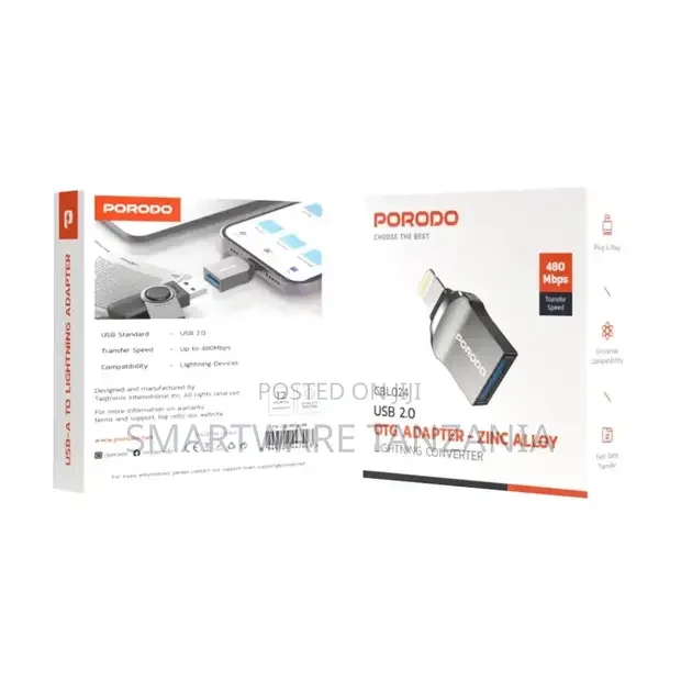 Porodo Lightning Otg Adapter - Zinc Alloy - Black