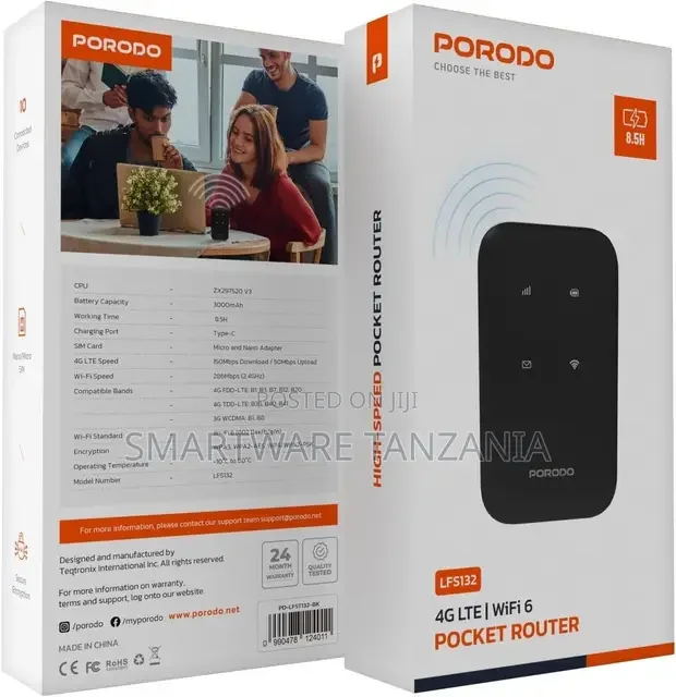 Porodo Pocket Router 4g Lte  Wifi 6 - Black