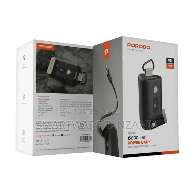 Porodo Power Bank 15000mAh with Type-C Retractable Cable - Buy in Dar es Salaam, Tanzania | Smartware