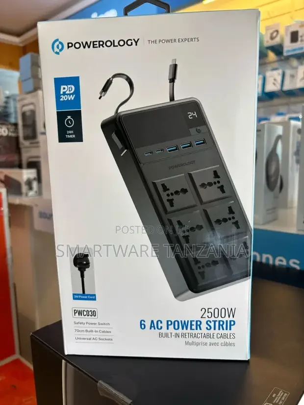 Powerology 2500W 4 AC Power Strip with Retractable Cables - Buy in Dar es Salaam, Tanzania | Smartware