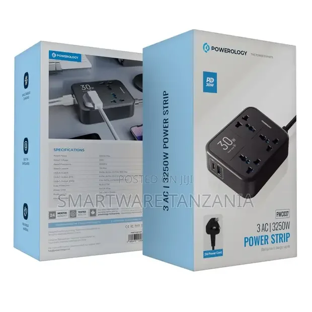 Powerology Power Strip 3250w 3ac - Black