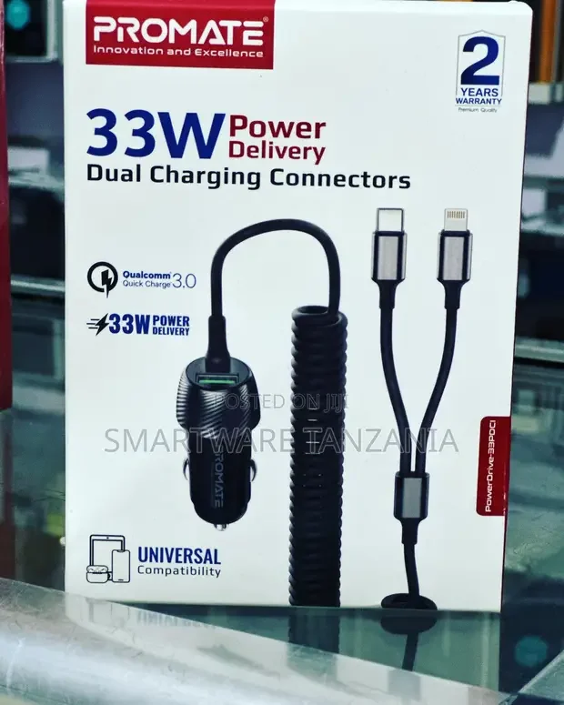 Promate 33W Car Charger Dual USB-C Lightning Cable - Buy in Dar es Salaam, Tanzania | Smartware