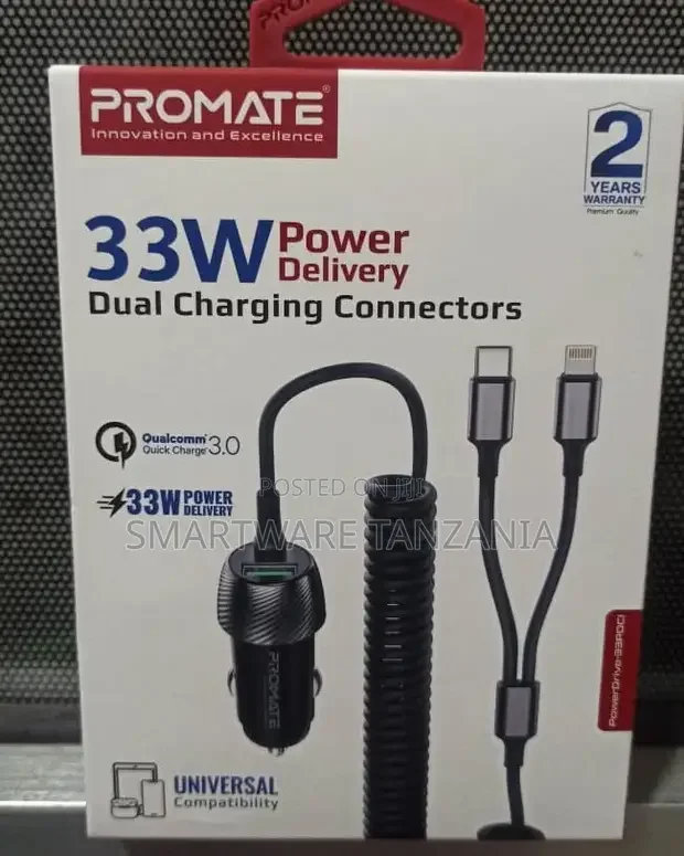Promate 33W Dual Port Car Charger USB-C Lightning - Buy in Dar es Salaam, Tanzania | Smartware