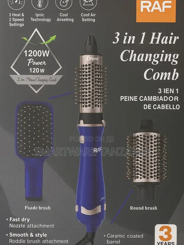 RAF 3 In 1 Hair Dryer Brush 1200w Ceramic Barrel Styler - Buy in Dar es Salaam, Tanzania | Smartware