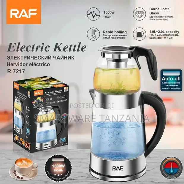 Raf Glass Tea Kettle 1500W 1L+2L Dual Chamber Infuser - Buy in Dar es Salaam, Tanzania | Smartware