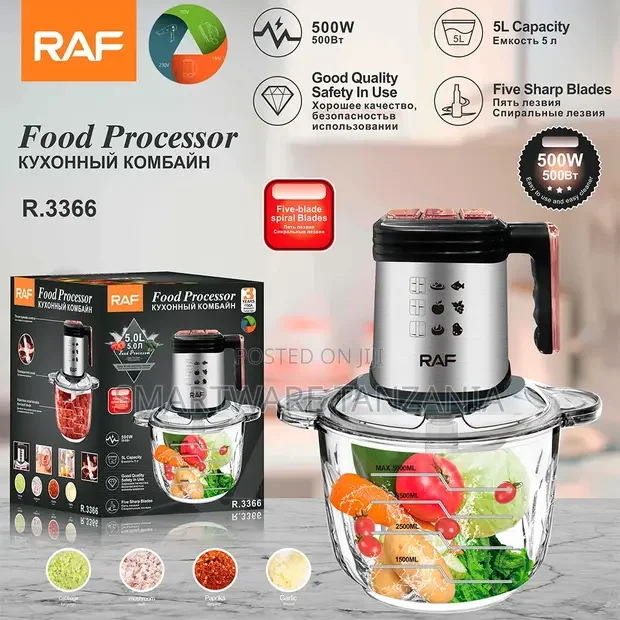 RAF R.3366 Food Processor 500W - 5L Glass Bowl Chopper Red - Buy in Dar es Salaam, Tanzania | Smartware