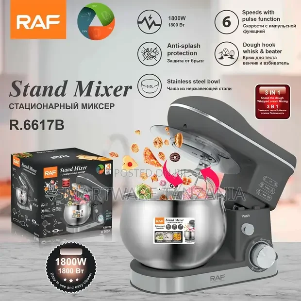 Raf R.6617b Professional Stand Mixer 6l 1800w Anti-Splash Gray