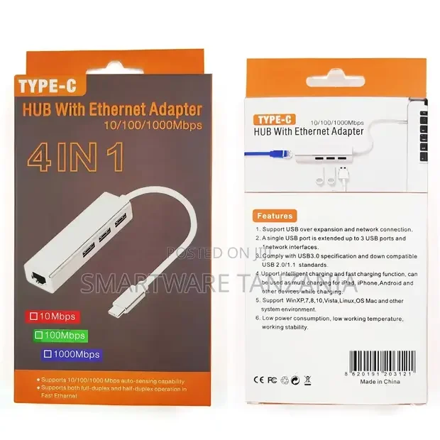 USB 3.1 Type C To RJ45 Lan Ethernet Adapter 3 USB HUB For PC